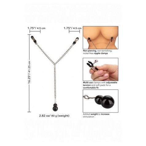 Зажимы для сосков с серебристой цепочкой и утяжелителем Weighted Dual Tier Nipple Clamps