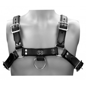 Черная мужская портупея Leather Male Chest Harness с кольцами