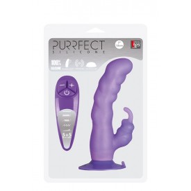 Фиолетовый вибратор с клиторальным отростком и присоской PURRFECT SILICONE SUCTION CUP DUO VIBE - 18 см.